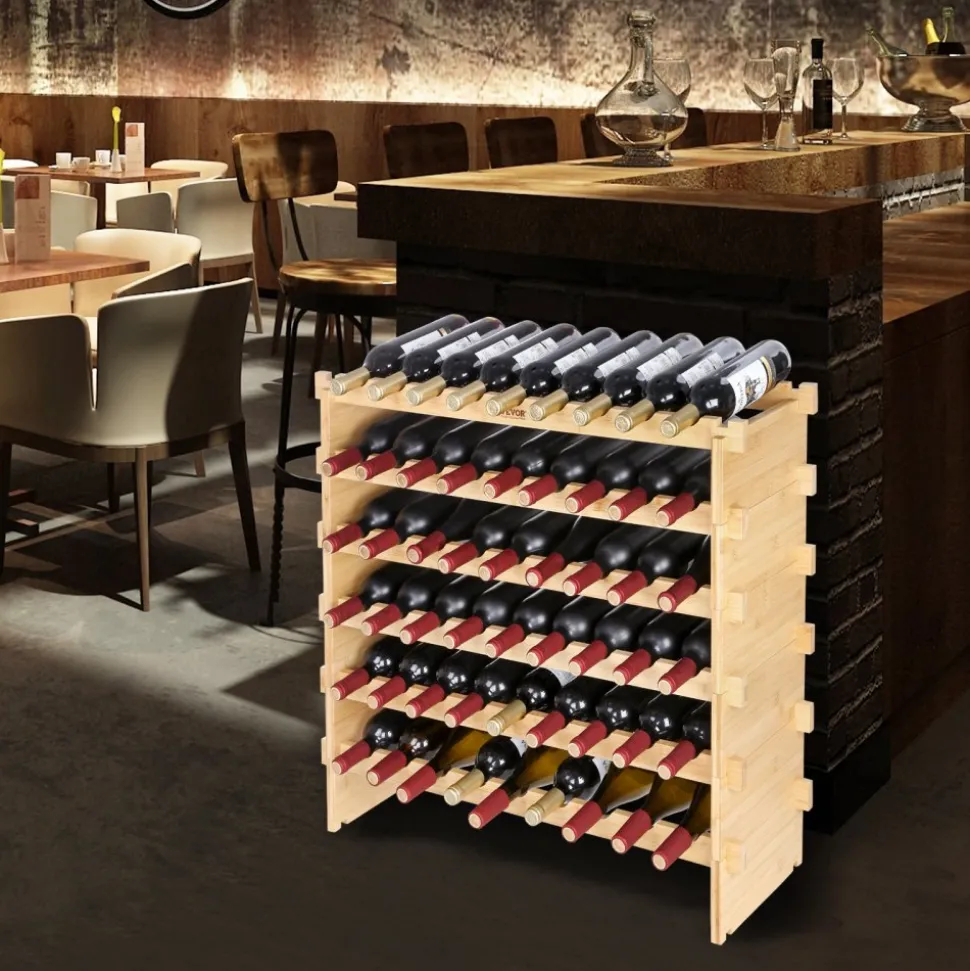 VEVOR 72 Bottle Stackable Modular Wine Rack, 8-Tier Solid Bamboo Wood Storage Racks, Floor Freestanding Wines Holder Display Shelf, Wobble-Free Shelves for Kitchen, Bar, and Cellar (Natural Color)