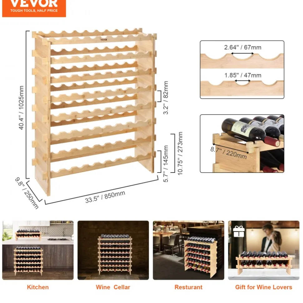 VEVOR 72 Bottle Stackable Modular Wine Rack, 8-Tier Solid Bamboo Wood Storage Racks, Floor Freestanding Wines Holder Display Shelf, Wobble-Free Shelves for Kitchen, Bar, and Cellar (Natural Color)