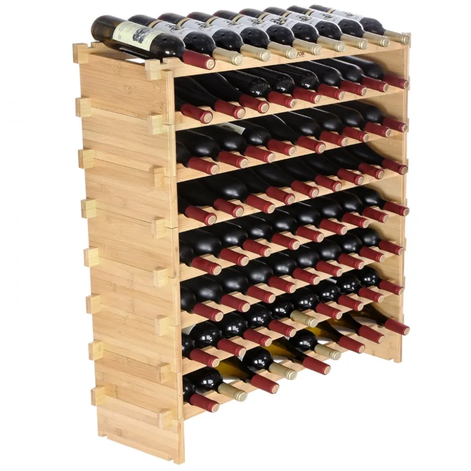 VEVOR 72 Bottle Stackable Modular Wine Rack, 8-Tier Solid Bamboo Wood Storage Racks, Floor Freestanding Wines Holder Display Shelf, Wobble-Free Shelves for Kitchen, Bar, and Cellar (Natural Color)