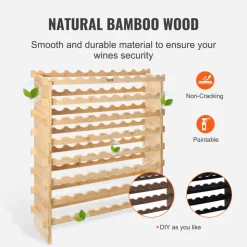 VEVOR 72 Bottle Stackable Modular Wine Rack, 8-Tier Solid Bamboo Wood Storage Racks, Floor Freestanding Wines Holder Display Shelf, Wobble-Free Shelves for Kitchen, Bar, and Cellar (Natural Color)