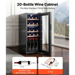 VEVOR 20 Bottle Wine Fridge, Freestanding Wine Cooler Refrigerator, Dual Zone Cooler, 41℉ to 65℉ Adjustable Temp Mini Cellar, Glass Door, For Home Office Bar, Red White Champagne or Sparkling Wines
