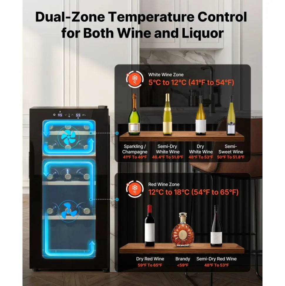 VEVOR 20 Bottle Wine Fridge, Freestanding Wine Cooler Refrigerator, Dual Zone Cooler, 41℉ to 65℉ Adjustable Temp Mini Cellar, Glass Door, For Home Office Bar, Red White Champagne or Sparkling Wines