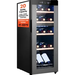 VEVOR 20 Bottle Wine Fridge, Freestanding Wine Cooler Refrigerator, Dual Zone Cooler, 41℉ to 65℉ Adjustable Temp Mini Cellar, Glass Door, For Home Office Bar, Red White Champagne or Sparkling Wines