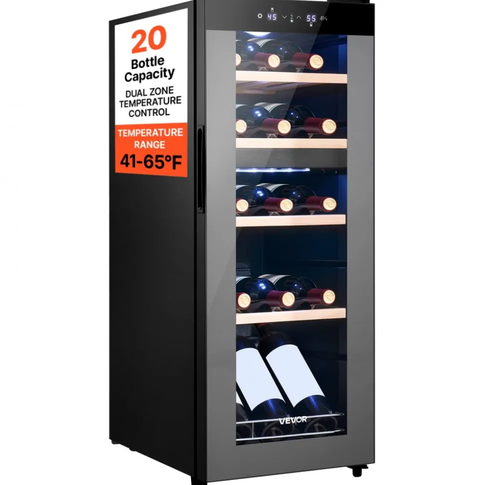 VEVOR 20 Bottle Wine Fridge, Freestanding Wine Cooler Refrigerator, Dual Zone Cooler, 41℉ to 65℉ Adjustable Temp Mini Cellar, Glass Door, For Home Office Bar, Red White Champagne or Sparkling Wines