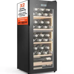 VEVOR 32 Bottle Wine Fridge, Freestanding Wine Cooler Refrigerator, Dual Zone Cooler, 41℉ to 65℉ Adjustable Temp Mini Cellar, Glass Door, For Home Office Bar, Red White Champagne or Sparkling Wines