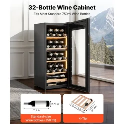 VEVOR 32 Bottle Wine Fridge, Freestanding Wine Cooler Refrigerator, Dual Zone Cooler, 41℉ to 65℉ Adjustable Temp Mini Cellar, Glass Door, For Home Office Bar, Red White Champagne or Sparkling Wines