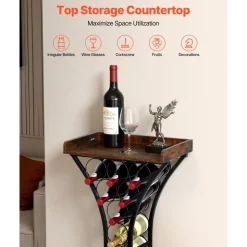 VEVOR 15 Bottle Wine Rack, Freestanding Floor Wine Holder Stand Liquor Cabinet with Wood Tabletop, Easy Assembly Floor Storage Rack, For Home Bar Kitchen Living Room Dining Room, Black