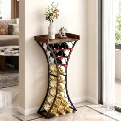 VEVOR 15 Bottle Wine Rack, Freestanding Floor Wine Holder Stand Liquor Cabinet with Wood Tabletop, Easy Assembly Floor Storage Rack, For Home Bar Kitchen Living Room Dining Room, Black