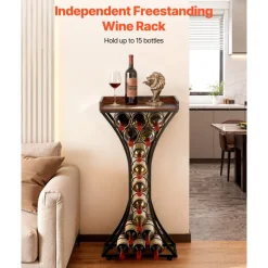 VEVOR 15 Bottle Wine Rack, Freestanding Floor Wine Holder Stand Liquor Cabinet with Wood Tabletop, Easy Assembly Floor Storage Rack, For Home Bar Kitchen Living Room Dining Room, Black