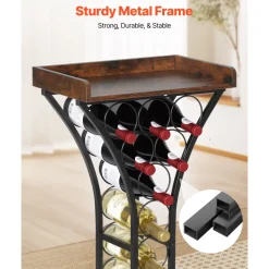 VEVOR 15 Bottle Wine Rack, Freestanding Floor Wine Holder Stand Liquor Cabinet with Wood Tabletop, Easy Assembly Floor Storage Rack, For Home Bar Kitchen Living Room Dining Room, Black