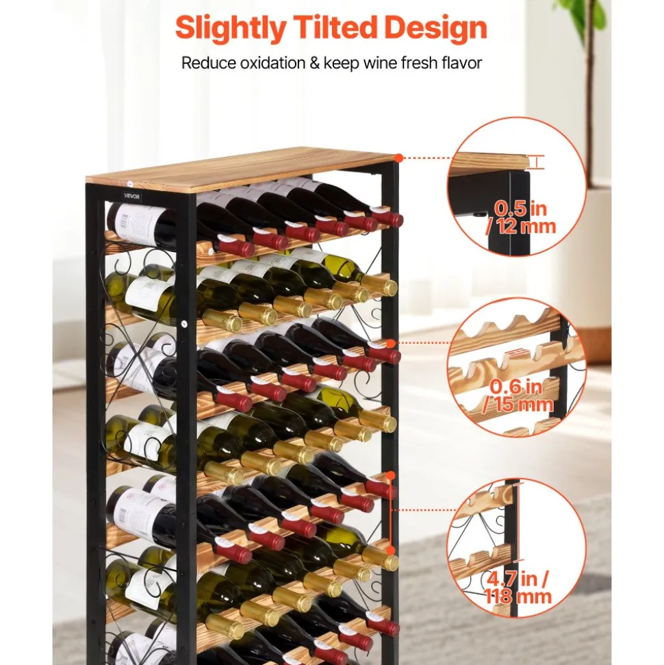 VEVOR 48 Bottle Wine Rack,8-Tier Wine Bottle Holder,Freestanding Floor Display Wine Storage Shelves with Wood Table Top,For Kitchen Pantry, Cellar, Bar, Dining Room, Living Room, Black
