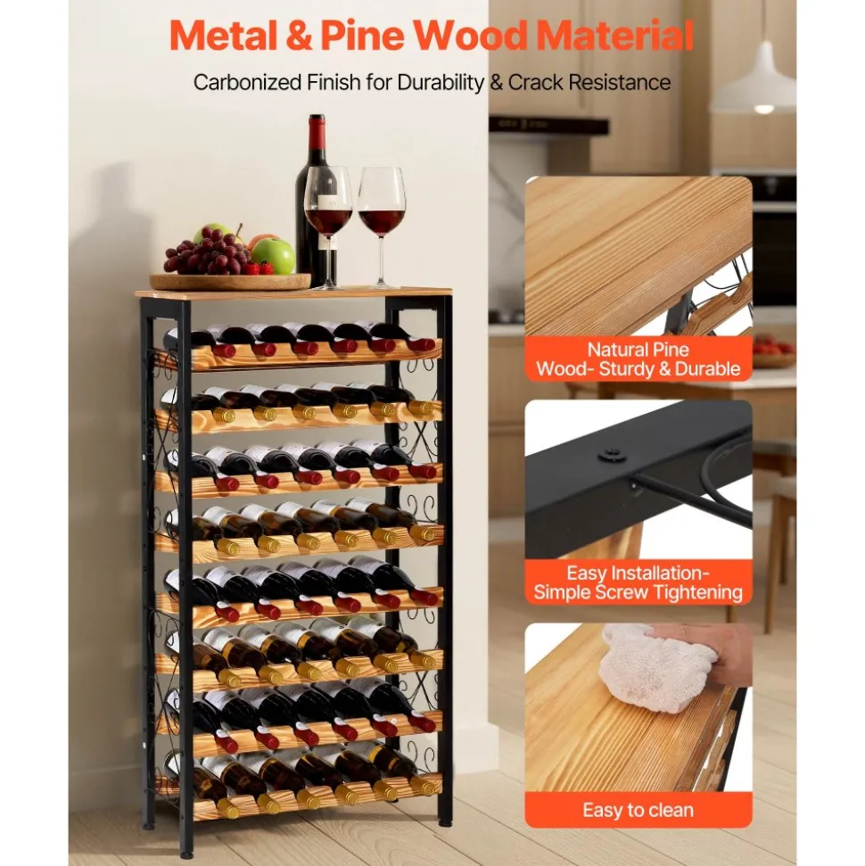 VEVOR 48 Bottle Wine Rack,8-Tier Wine Bottle Holder,Freestanding Floor Display Wine Storage Shelves with Wood Table Top,For Kitchen Pantry, Cellar, Bar, Dining Room, Living Room, Black