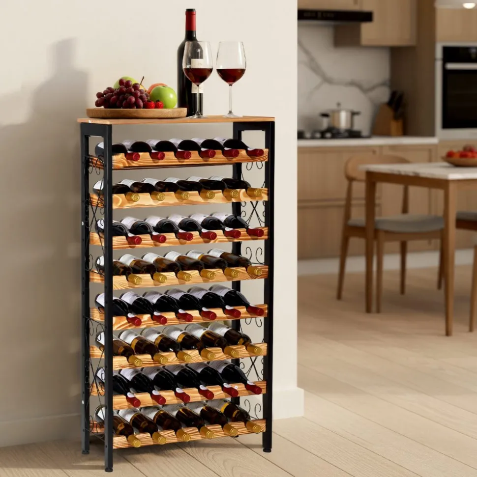 VEVOR 48 Bottle Wine Rack,8-Tier Wine Bottle Holder,Freestanding Floor Display Wine Storage Shelves with Wood Table Top,For Kitchen Pantry, Cellar, Bar, Dining Room, Living Room, Black