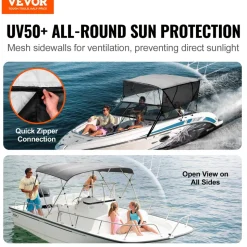 VEVOR 4 Bow Bimini Top Boat Cover, Detachable Mesh Sidewalls, 600D Polyester Canopy with 1" Aluminum Alloy Frame, Includes Storage Boot, 2 Straps, 2 Support Poles, 8'L x 54"H x 85"-90"W, Light Grey