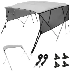 VEVOR 4 Bow Bimini Top Boat Cover, Detachable Mesh Sidewalls, 600D Polyester Canopy with 1" Aluminum Alloy Frame, Includes Storage Boot, 2 Straps, 2 Support Poles, 8'L x 54"H x 85"-90"W, Light Grey