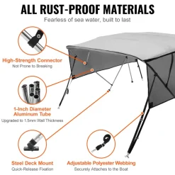 VEVOR 4 Bow Bimini Top Boat Cover, Detachable Mesh Sidewalls, 600D Polyester Canopy with 1