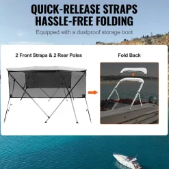 VEVOR 4 Bow Bimini Top Boat Cover, Detachable Mesh Sidewalls, 600D Polyester Canopy with 1