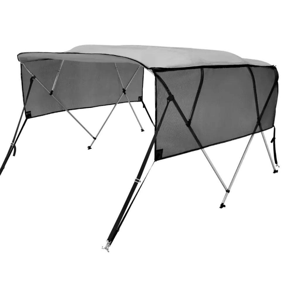 VEVOR 4 Bow Bimini Top Boat Cover, Detachable Mesh Sidewalls, 600D Polyester Canopy with 1" Aluminum Alloy Frame, Includes Storage Boot, 2 Straps, 2 Support Poles, 8'L x 54"H x 79"-84"W, Light Grey