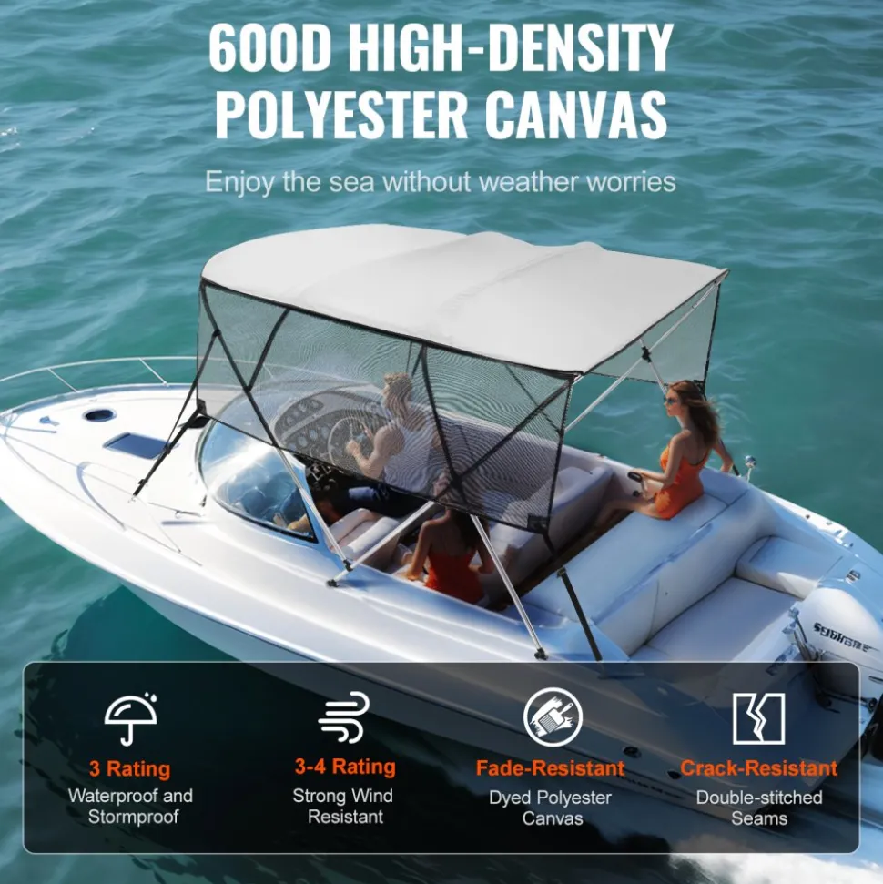 VEVOR 4 Bow Bimini Top Boat Cover, Detachable Mesh Sidewalls, 600D Polyester Canopy with 1" Aluminum Alloy Frame, Includes Storage Boot, 2 Straps, 2 Support Poles, 8'L x 54"H x 79"-84"W, Light Grey