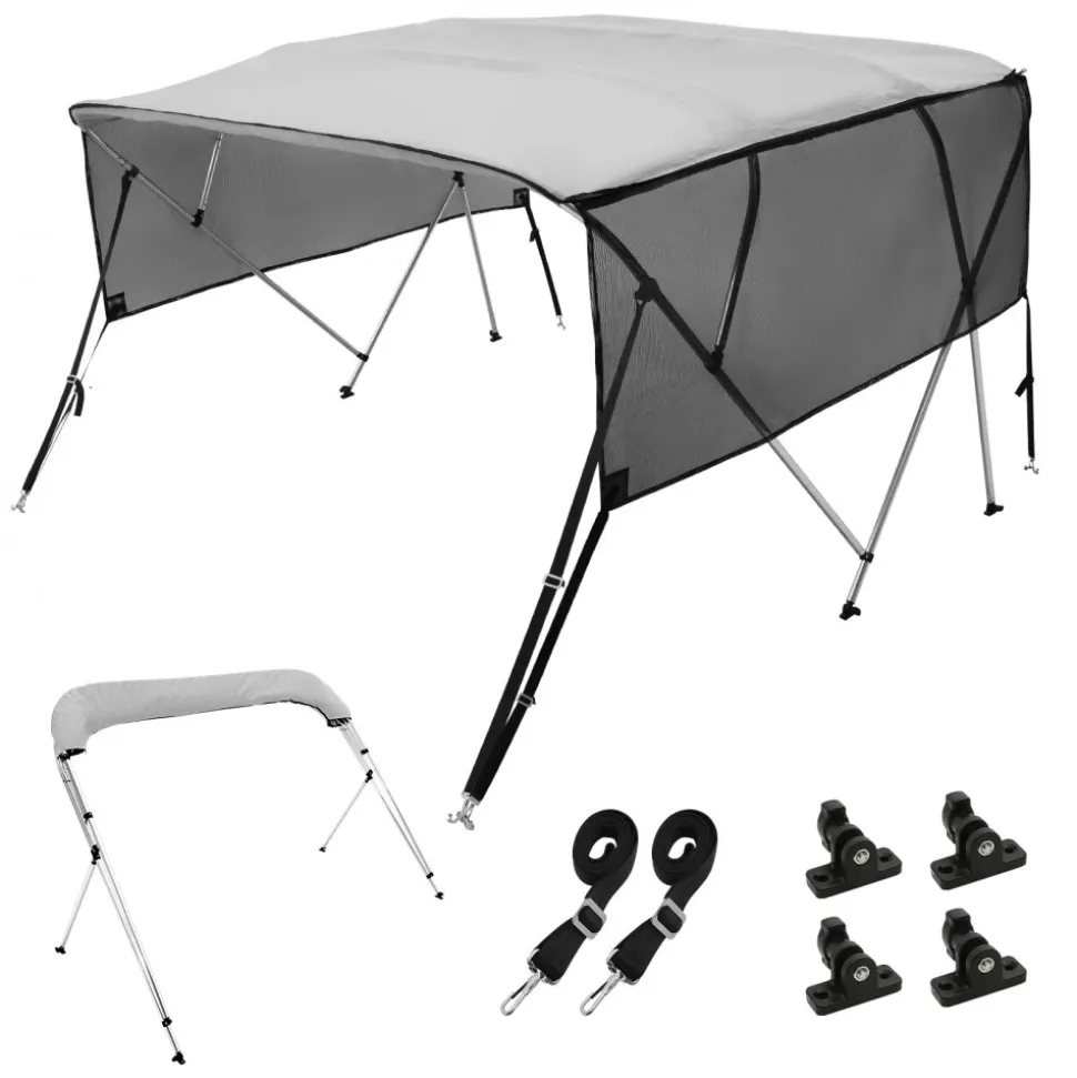 VEVOR 4 Bow Bimini Top Boat Cover, Detachable Mesh Sidewalls, 600D Polyester Canopy with 1" Aluminum Alloy Frame, Includes Storage Boot, 2 Straps, 2 Support Poles, 8'L x 54"H x 79"-84"W, Light Grey