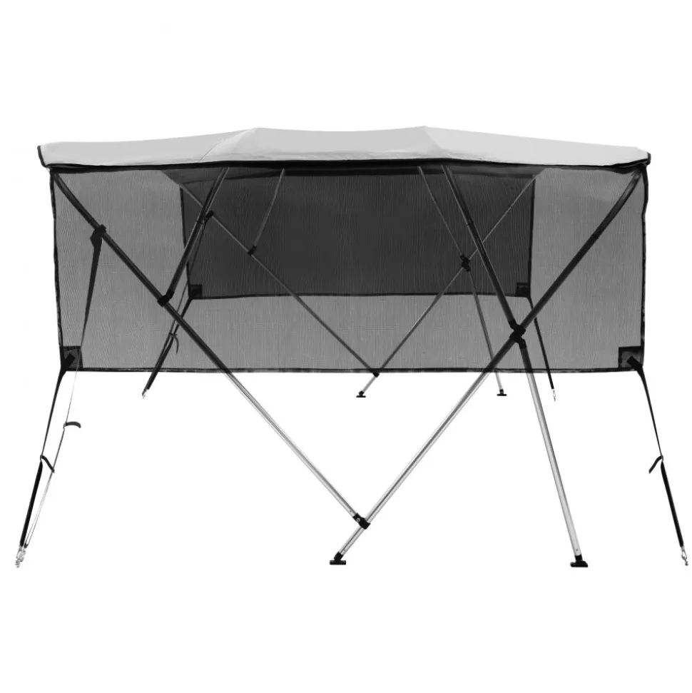 VEVOR 4 Bow Bimini Top Boat Cover, Detachable Mesh Sidewalls, 600D Polyester Canopy with 1" Aluminum Alloy Frame, Includes Storage Boot, 2 Straps, 2 Support Poles, 8'L x 54"H x 79"-84"W, Light Grey
