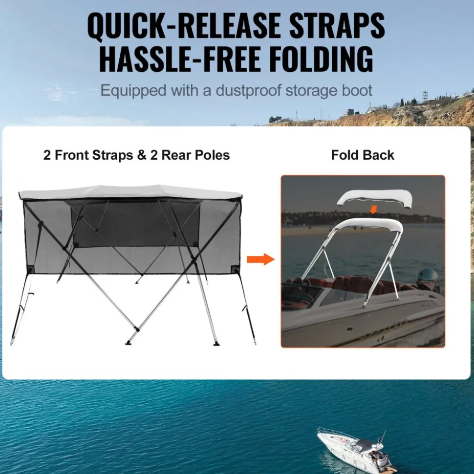 VEVOR 4 Bow Bimini Top Boat Cover, Detachable Mesh Sidewalls, 600D Polyester Canopy with 1" Aluminum Alloy Frame, Includes Storage Boot, 2 Straps, 2 Support Poles, 8'L x 54"H x 79"-84"W, Light Grey