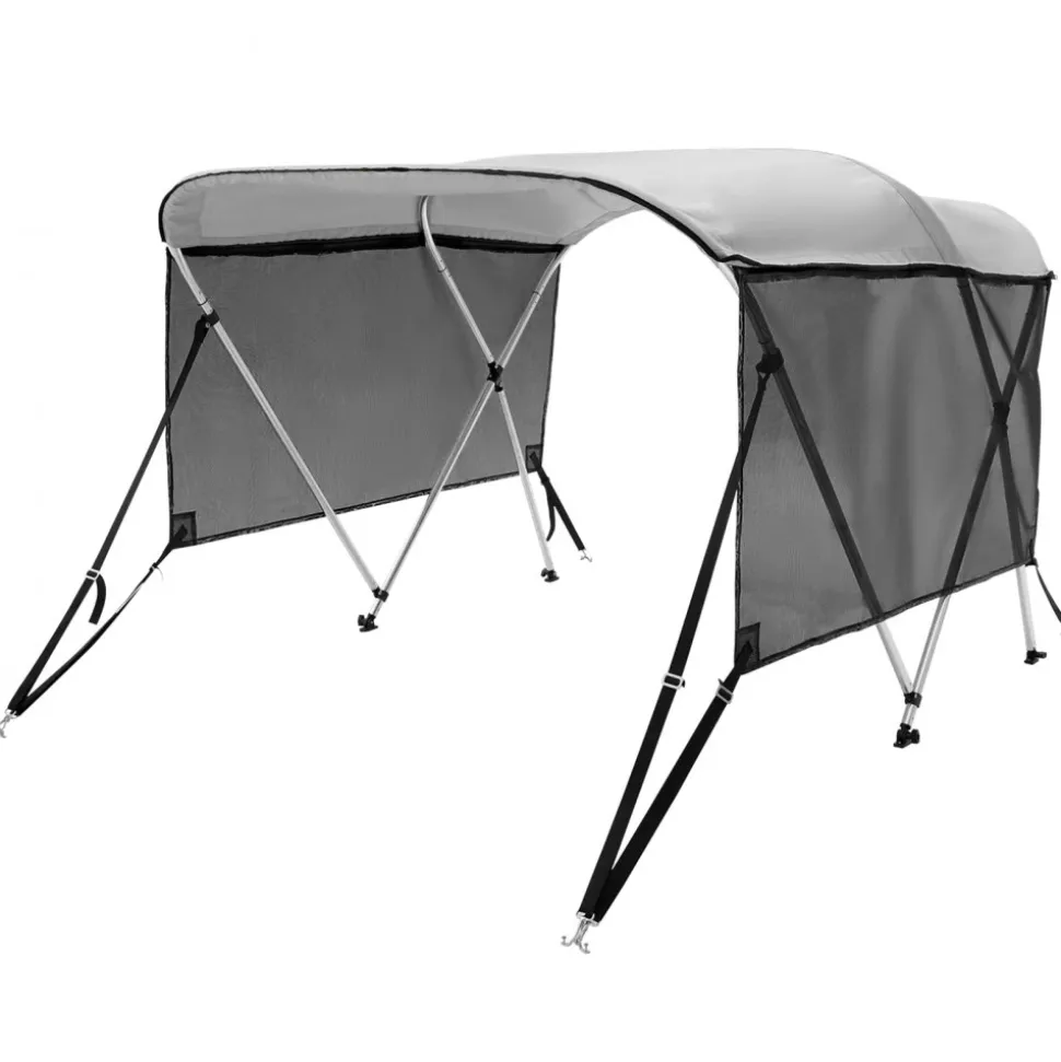 VEVOR 3 Bow Bimini Top Boat Cover, Detachable Mesh Sidewalls, 600D Polyester Canopy with 1" Aluminum Alloy Frame, Includes Storage Boot, 2 Support Poles, 2 Straps, 6'L x 46"H x 67"-72"W, Light Grey