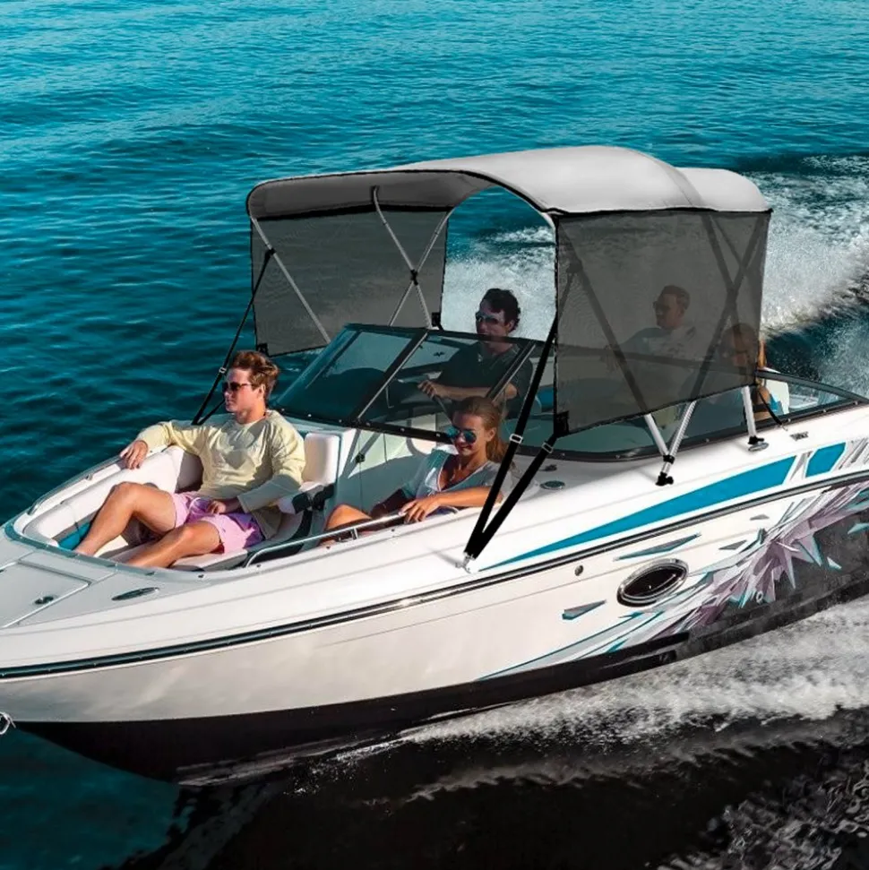 VEVOR 3 Bow Bimini Top Boat Cover, Detachable Mesh Sidewalls, 600D Polyester Canopy with 1" Aluminum Alloy Frame, Includes Storage Boot, 2 Support Poles, 2 Straps, 6'L x 46"H x 67"-72"W, Light Grey