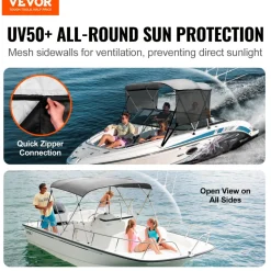 VEVOR 3 Bow Bimini Top Boat Cover, Detachable Mesh Sidewalls, 600D Polyester Canopy with 1