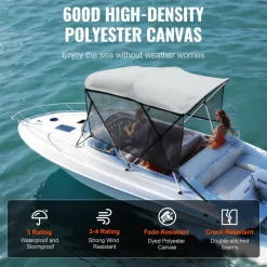 VEVOR 3 Bow Bimini Top Boat Cover, Detachable Mesh Sidewalls, 600D Polyester Canopy with 1