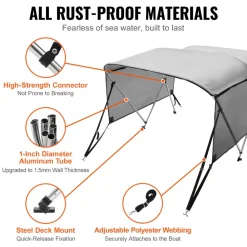 VEVOR 3 Bow Bimini Top Boat Cover, Detachable Mesh Sidewalls, 600D Polyester Canopy with 1" Aluminum Alloy Frame, Includes Storage Boot, 2 Support Poles, 2 Straps, 6'L x 46"H x 61"-66"W, Light Grey