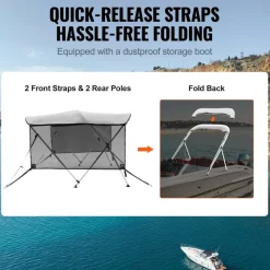 VEVOR 3 Bow Bimini Top Boat Cover, Detachable Mesh Sidewalls, 600D Polyester Canopy with 1