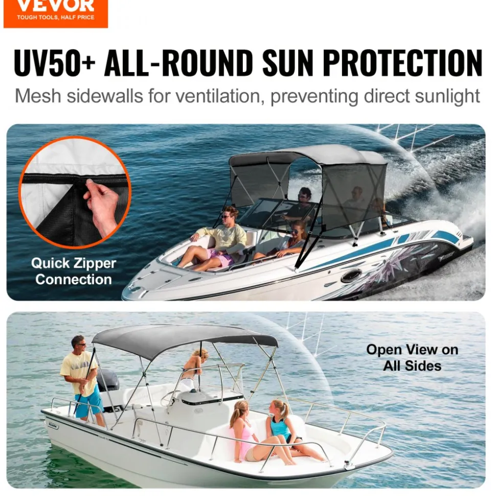 VEVOR 3 Bow Bimini Top Boat Cover, Detachable Mesh Sidewalls, 600D Polyester Canopy with 1" Aluminum Alloy Frame, Includes Storage Boot, 2 Support Poles, 2 Straps, 6'L x 46"H x 61"-66"W, Light Grey