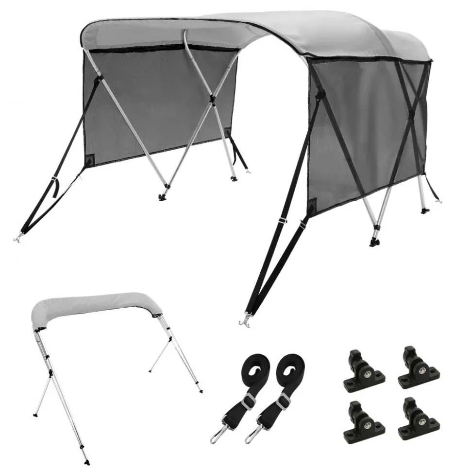VEVOR 3 Bow Bimini Top Boat Cover, Detachable Mesh Sidewalls, 600D Polyester Canopy with 1" Aluminum Alloy Frame, Includes Storage Boot, 2 Support Poles, 2 Straps, 6'L x 46"H x 61"-66"W, Light Grey