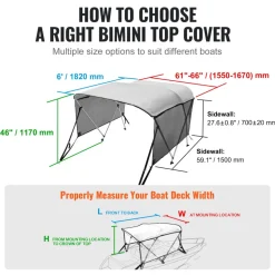 VEVOR 3 Bow Bimini Top Boat Cover, Detachable Mesh Sidewalls, 600D Polyester Canopy with 1