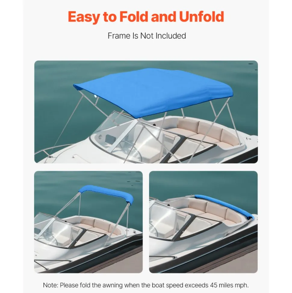 VEVOR 4 Bow Bimini Top Replacement Cover, 8 ft Long, Durable 600D Marine Grade Waterproof Sun Shade Boat Canopy with Storage Boot, Easy Install Zipper Sleeve Awning, 96"L x (91"-96")W, Blue (No Frame)