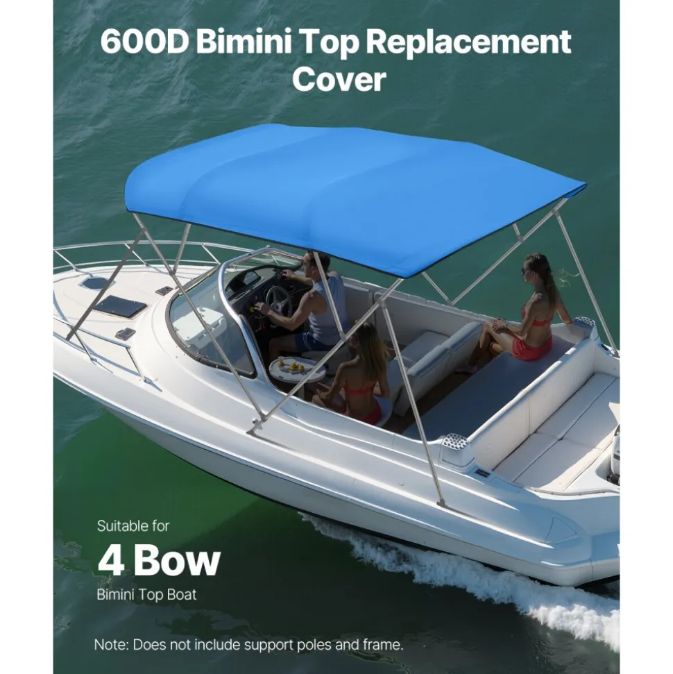 VEVOR 4 Bow Bimini Top Replacement Cover, 8 ft Long, Durable 600D Marine Grade Waterproof Sun Shade Boat Canopy with Storage Boot, Easy Install Zipper Sleeve Awning, 96"L x (91"-96")W, Blue (No Frame)