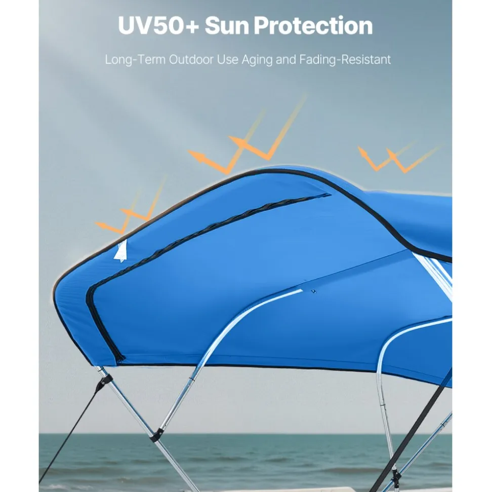 VEVOR 4 Bow Bimini Top Replacement Cover, 8 ft Long Durable 600D Marine Grade Waterproof Sun Shade Boat Canopy with Storage Boot, Easy Install Zipper Sleeve Awning, 96"L x (97"-103")W, Blue (No Frame)