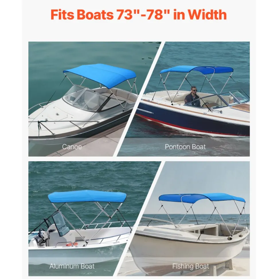 VEVOR 3 Bow Boat Bimini Top, 600D Polyester Canopy with Aluminum Alloy Frame, Waterproof & Sun Shade Boat Awning Canopy with Storage Bag, 2 Support Poles, 4 Straps, 72"Lx(73"-78")Wx46"H, Pacific Blue