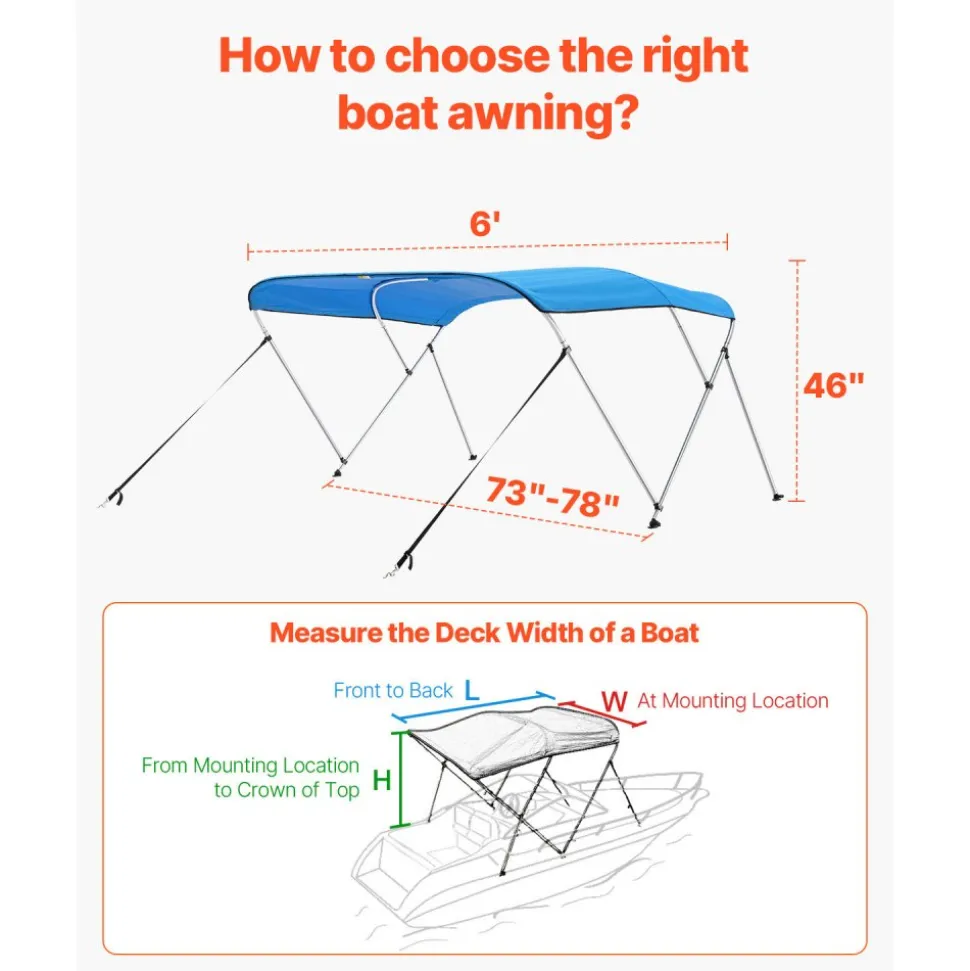 VEVOR 3 Bow Boat Bimini Top, 600D Polyester Canopy with Aluminum Alloy Frame, Waterproof & Sun Shade Boat Awning Canopy with Storage Bag, 2 Support Poles, 4 Straps, 72"Lx(73"-78")Wx46"H, Pacific Blue