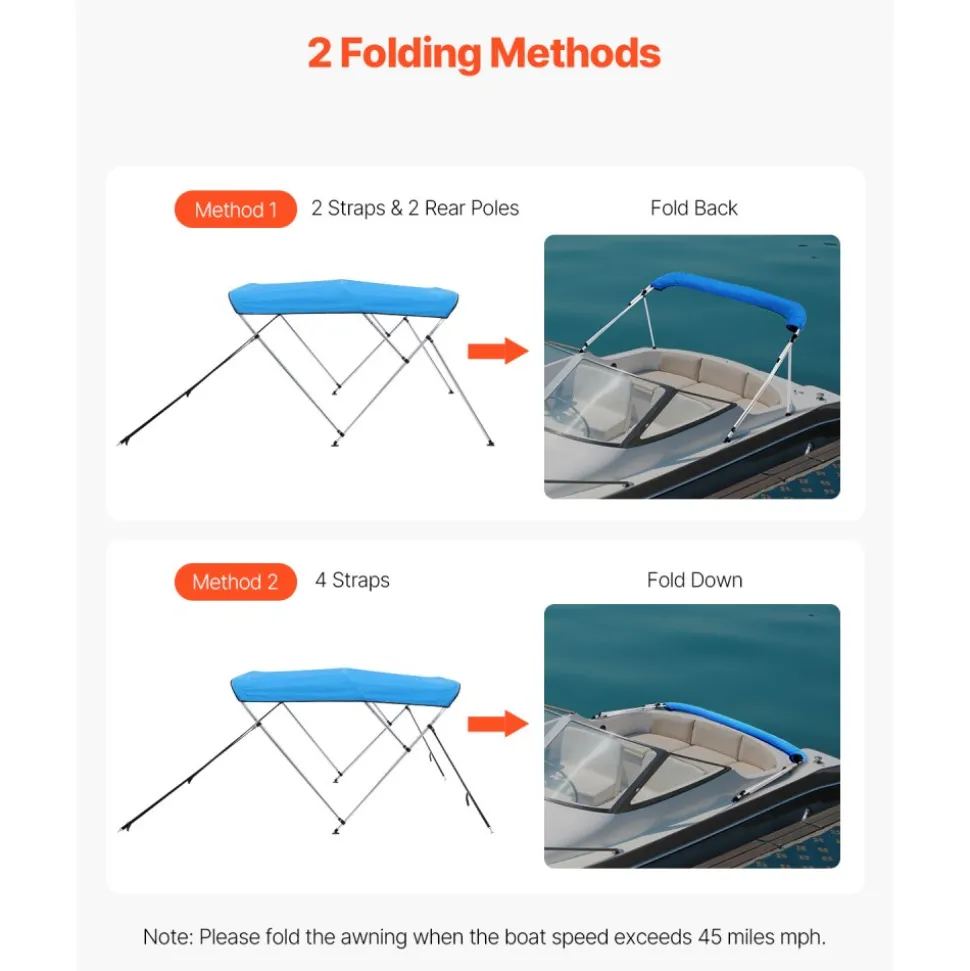VEVOR 3 Bow Boat Bimini Top, 600D Polyester Canopy with Aluminum Alloy Frame, Waterproof & Sun Shade Boat Awning Canopy with Storage Bag, 2 Support Poles, 4 Straps, 72"Lx(73"-78")Wx46"H, Pacific Blue