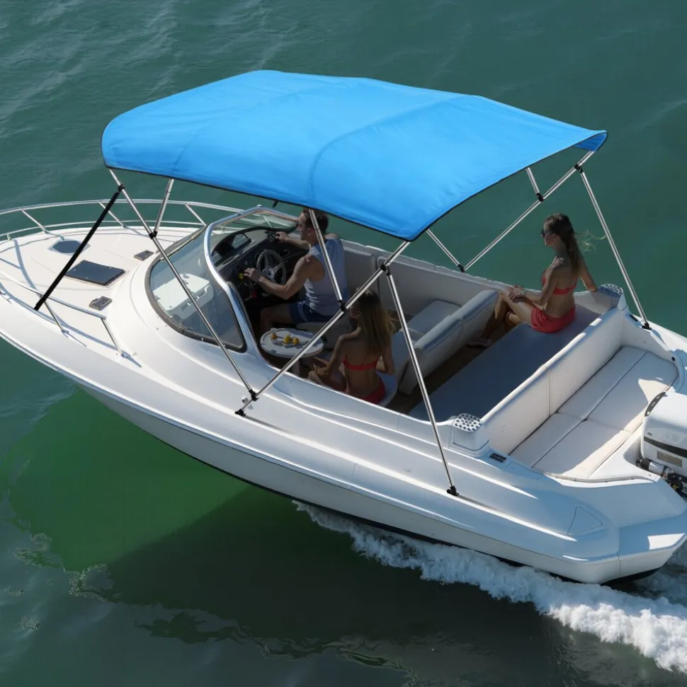 VEVOR 4 Bow Boat Bimini Tops, 600D Polyester Canopy with Aluminum Alloy Frame, Waterproof & Sun Shade Boat Awning Canopy with Storage Bag, 2 Support Poles, 4 Straps, 8'Lx(91"-96")Wx54"H, Pacific Blue