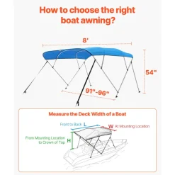 VEVOR 4 Bow Boat Bimini Tops, 600D Polyester Canopy with Aluminum Alloy Frame, Waterproof & Sun Shade Boat Awning Canopy with Storage Bag, 2 Support Poles, 4 Straps, 8'Lx(91