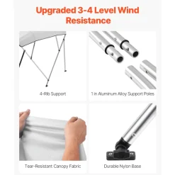 VEVOR 4 Bow Boat Bimini Tops, 600D Polyester Canopy with Aluminum Alloy Frame, Waterproof & Sun Shade Boat Awning Canopy with Storage Bag, 2 Support Poles, 4 Straps, 96"Lx(79"-84")Wx54"H, Light Grey