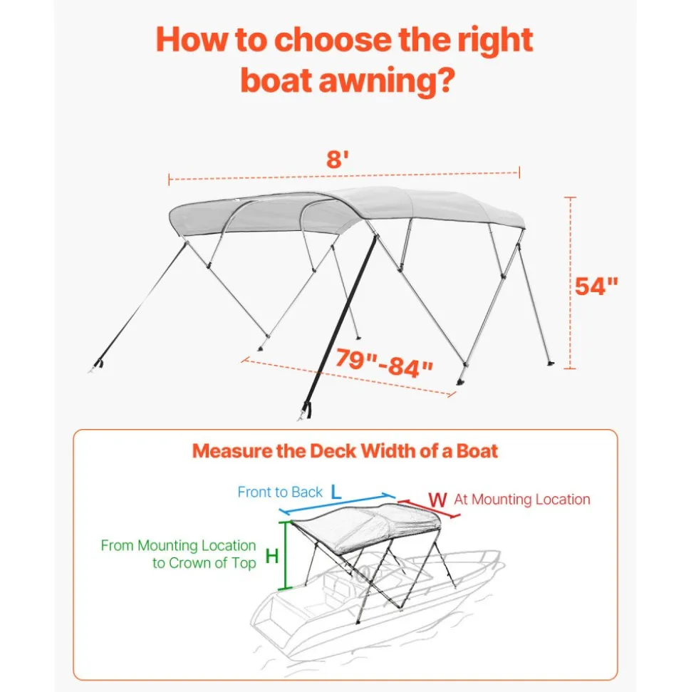 VEVOR 4 Bow Boat Bimini Tops, 600D Polyester Canopy with Aluminum Alloy Frame, Waterproof & Sun Shade Boat Awning Canopy with Storage Bag, 2 Support Poles, 4 Straps, 96"Lx(79"-84")Wx54"H, Light Grey