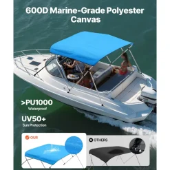 VEVOR 3 Bow Boat Bimini Tops, 600D Polyester Canopy with Aluminum Alloy Frame, Waterproof & Sun Shade Boat Awning Canopy with Storage Bag, 2 Support Poles, 4 Straps, 72"Lx(79"-84")Wx46"H, Pacific Blue