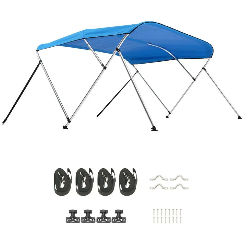 VEVOR 3 Bow Boat Bimini Tops, 600D Polyester Canopy with Aluminum Alloy Frame, Waterproof & Sun Shade Boat Awning Canopy with Storage Bag, 2 Support Poles, 4 Straps, 72"Lx(79"-84")Wx46"H, Pacific Blue