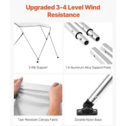 VEVOR 3 Bow Boat Bimini Tops, 600D Polyester Canopy with Aluminum Alloy Frame, Waterproof & Sun Shade Boat Awning Canopy with Storage Bag, 2 Support Poles, 4 Straps, 72"Lx(85"-90")Wx46"H, Light Grey