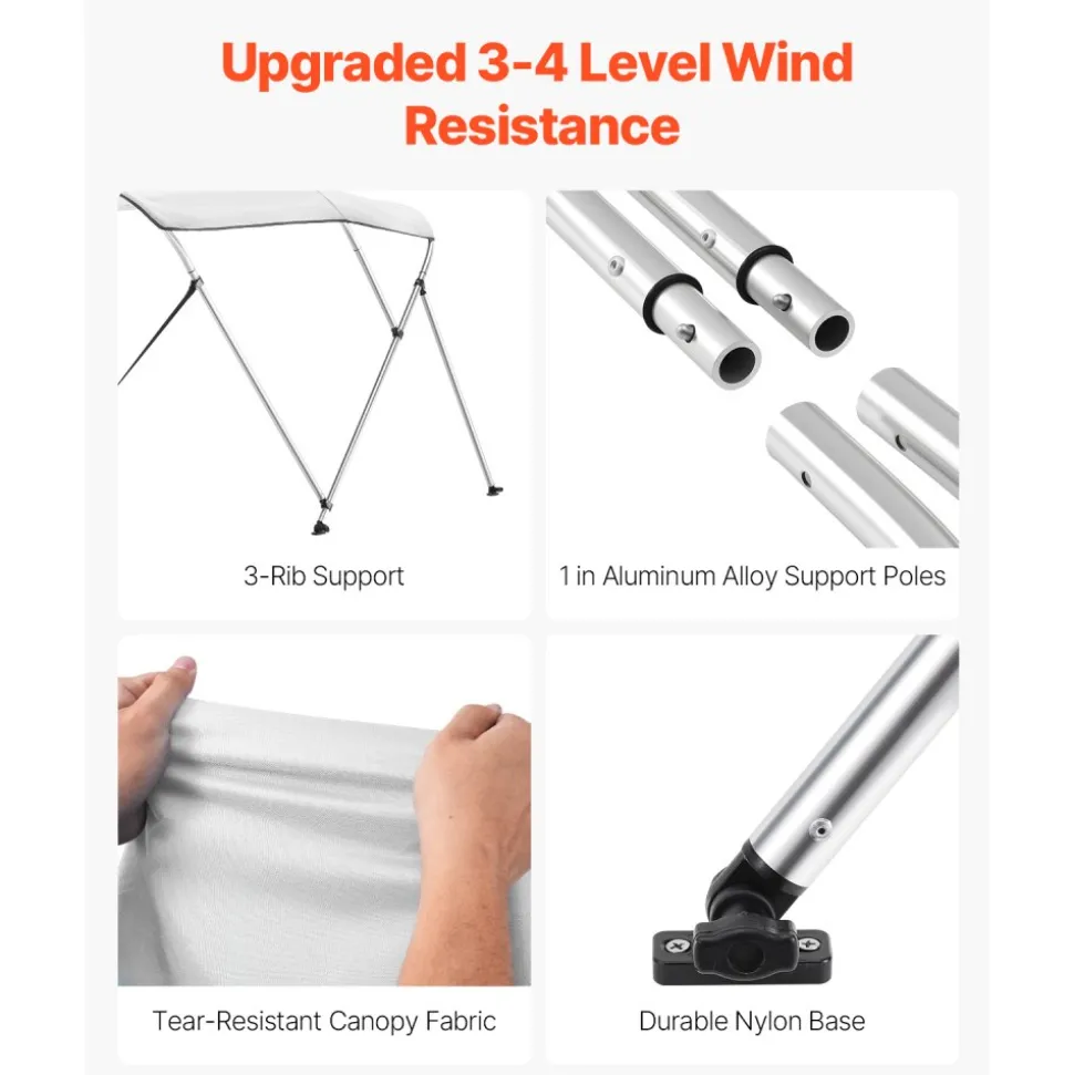 VEVOR 3 Bow Boat Bimini Tops, 600D Polyester Canopy with Aluminum Alloy Frame, Waterproof & Sun Shade Boat Awning Canopy with Storage Bag, 2 Support Poles, 4 Straps, 72"Lx(85"-90")Wx46"H, Light Grey