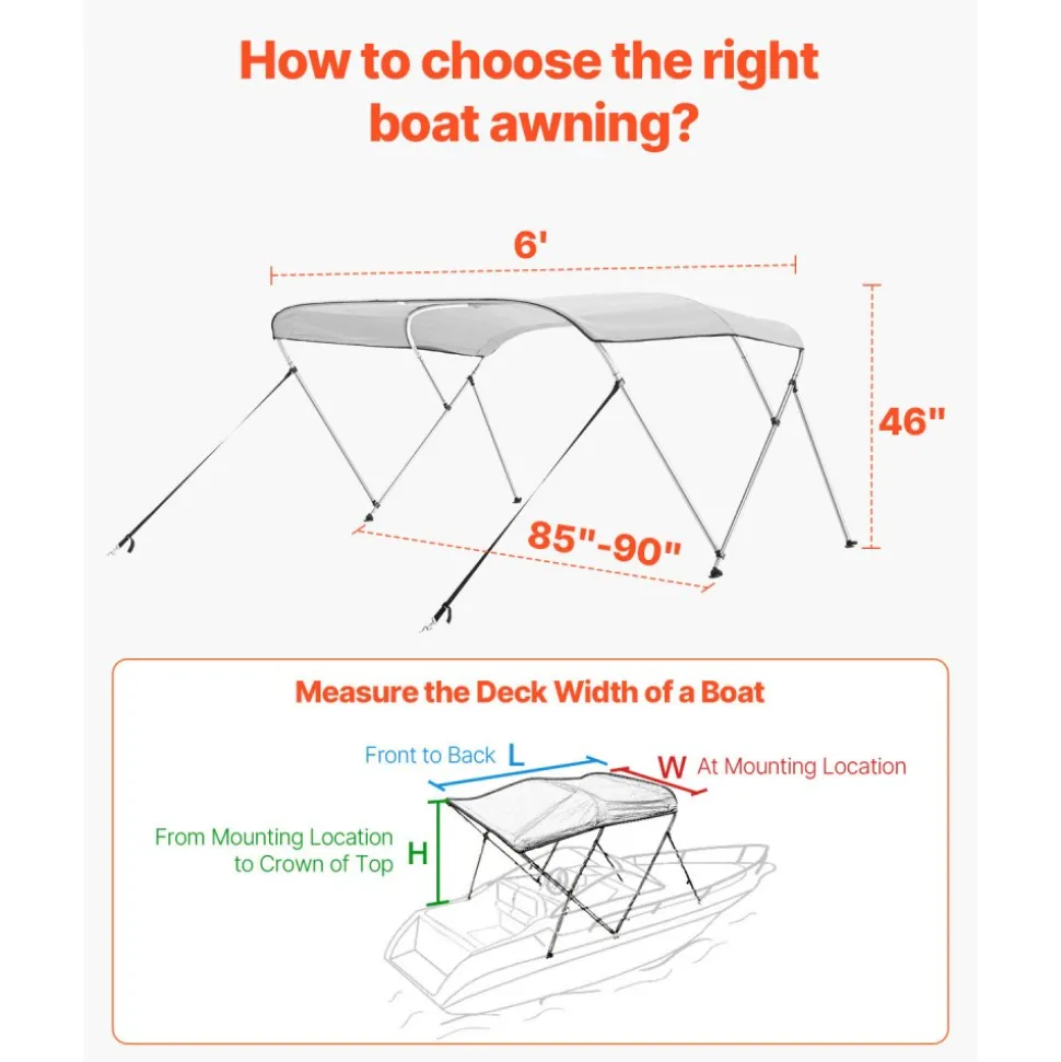 VEVOR 3 Bow Boat Bimini Tops, 600D Polyester Canopy with Aluminum Alloy Frame, Waterproof & Sun Shade Boat Awning Canopy with Storage Bag, 2 Support Poles, 4 Straps, 72"Lx(85"-90")Wx46"H, Light Grey